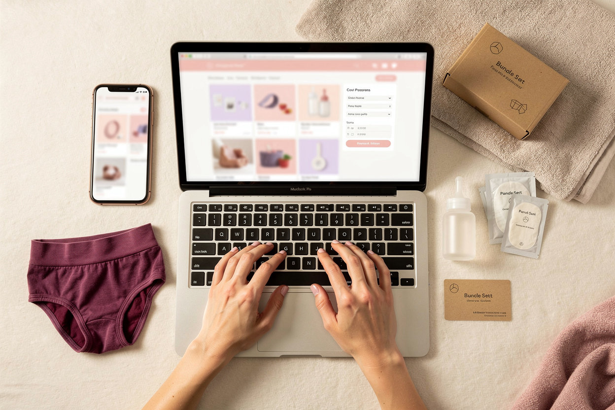 postpartumpantyparty.com complete product catalog featuring postpartum panties, peri bottles, and pad liners